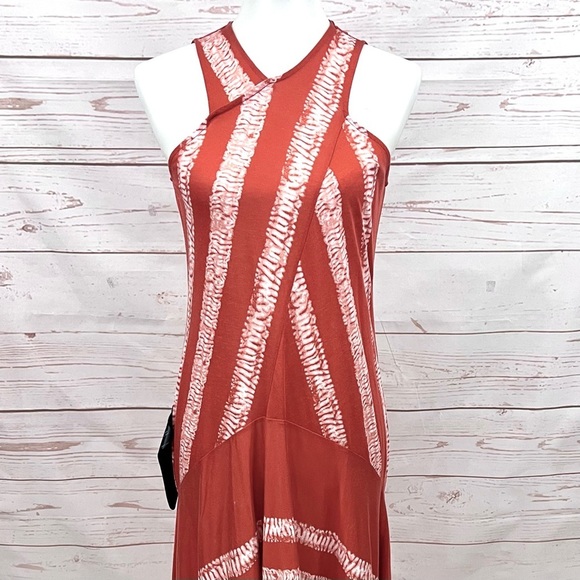 NWT Bcbg Maxazria Coral Tie Dye Striped Cross Neck Halter Asymmetrical Hem Dress - Picture 5 of 13